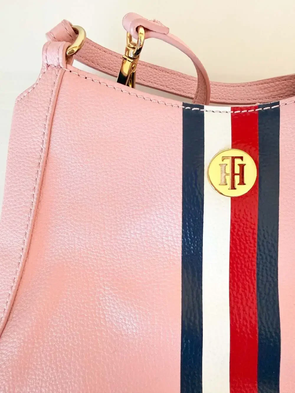 Tommy Hilfiger Pink Pebbled Leather Signature Stripe Crossbody Handbag